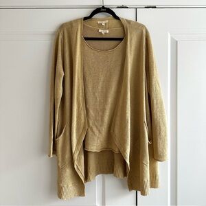 Eileen Fisher Linen Gold Knit Open Front Cardigan and Tank Top Coord Set